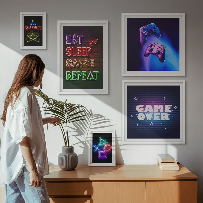Zestaw obrazów w ramie do galerii ściennej Gry komputerowe neonowe motywy