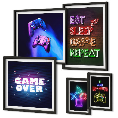 Zestaw obrazów w ramie do galerii ściennej Gry komputerowe neonowe motywy