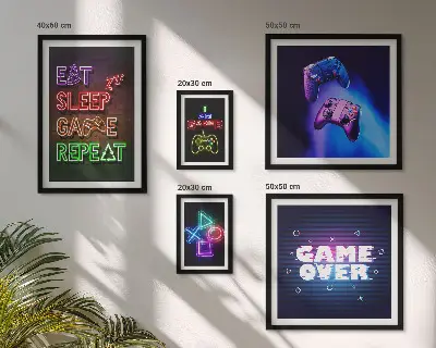 Zestaw obrazów w ramie do galerii ściennej z neonowymi motywami gier komputerowych