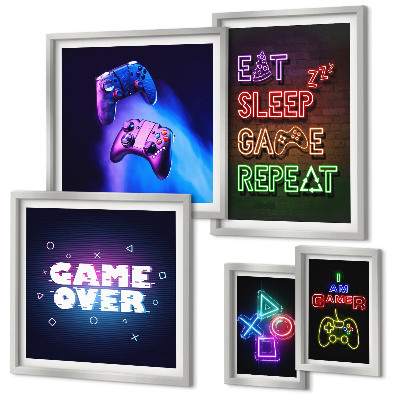 Zestaw obrazów w ramie do galerii ściennej Gry komputerowe neonowe motywy