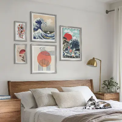 Zestaw obrazów w ramie do galerii ściennej z motywami fal w stylu sztuki japońskiej