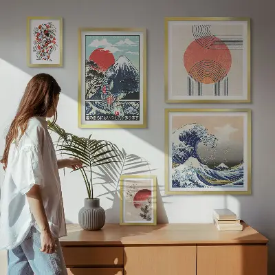Zestaw obrazów w ramie do galerii ściennej z motywami fal w stylu sztuki japońskiej