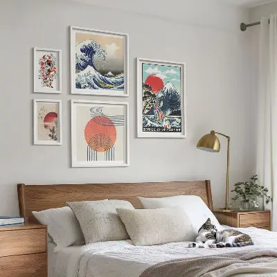 Zestaw obrazów w ramie do galerii ściennej z motywami fal w stylu sztuki japońskiej