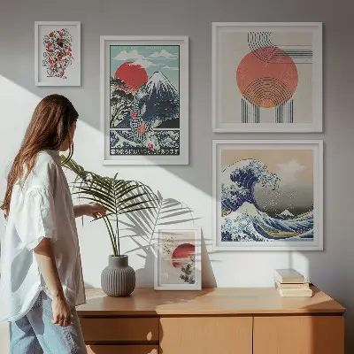 Zestaw obrazów w ramie do galerii ściennej z motywami fal w stylu sztuki japońskiej