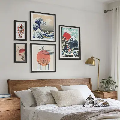 Zestaw obrazów w ramie do galerii ściennej z motywami fal w stylu sztuki japońskiej