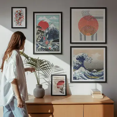Zestaw obrazów w ramie do galerii ściennej z motywami fal w stylu sztuki japońskiej