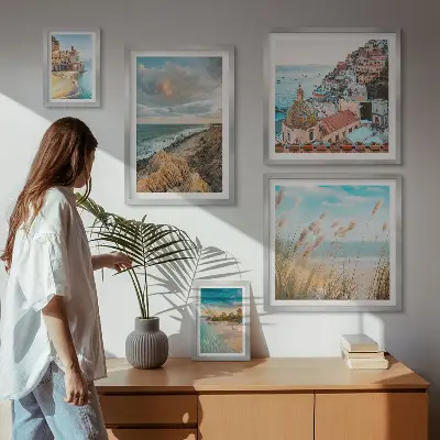 Zestaw obrazów w ramie do galerii ściennej z motywem krajobrazów plaż świata