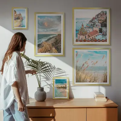 Zestaw obrazów w ramie do galerii ściennej z motywem krajobrazów plaż świata