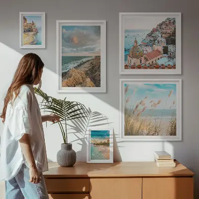 Zestaw obrazów w ramie do galerii ściennej z motywem krajobrazów plaż świata
