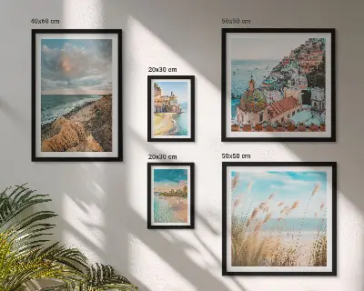 Zestaw obrazów w ramie do galerii ściennej z motywem krajobrazów plaż świata