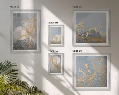 Abstrakcyjne fale i ptaki zestaw 5 obrazów w ramie