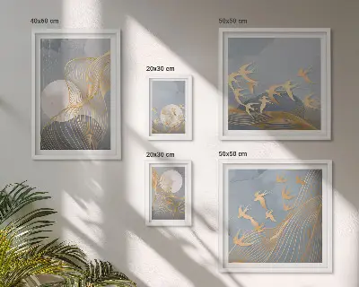 Abstrakcyjne fale i ptaki zestaw 5 obrazów w ramie