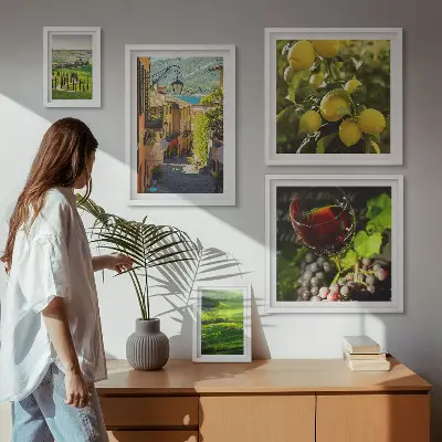 Zestaw obrazów w ramie do galerii ściennej z motywem urokliwych krajobrazów Toskanii