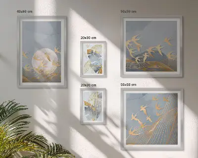 Zestaw obrazów w ramie do galerii ściennej z motywem stylowych ptaków i liści w szarej kolorystyce