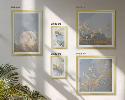 Zestaw obrazów w ramie do galerii ściennej z motywem stylowych ptaków i liści w szarej kolorystyce