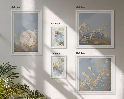 Zestaw obrazów w ramie do galerii ściennej z motywem stylowych ptaków i liści w szarej kolorystyce