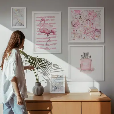 Galeria obrazów na ścianę stylowe różowe akcenty z motywem kwiatów i flamingów
