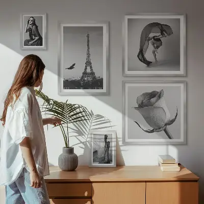 Zestaw obrazów w ramie do galerii ściennej w stylu czarno-białego Paryża