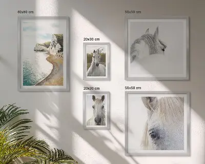 Zestaw obrazów w ramie do galerii ściennej z motywem koni na plaży w stylu minimalistycznym