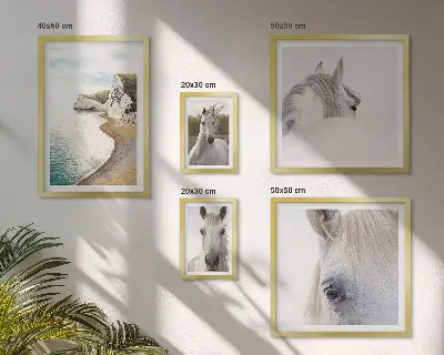 Zestaw obrazów w ramie do galerii ściennej z motywem koni na plaży w stylu minimalistycznym