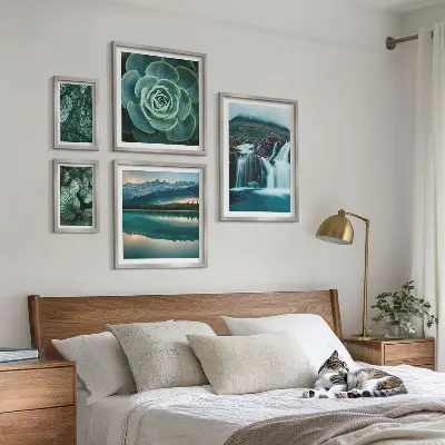 Galeria obrazów na ścianę z motywem zielonych roślin, wodospadów i natury