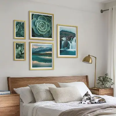 Galeria obrazów na ścianę z motywem zielonych roślin, wodospadów i natury