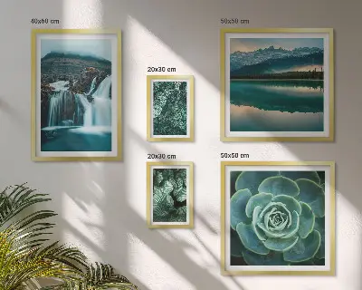 Galeria obrazów na ścianę z motywem zielonych roślin, wodospadów i natury