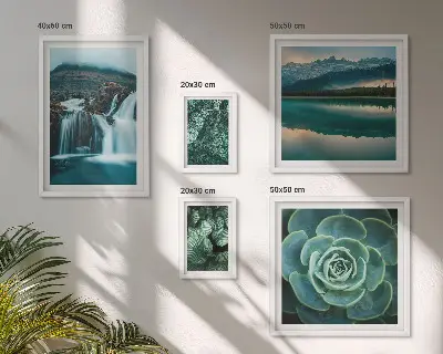 Galeria obrazów na ścianę z motywem zielonych roślin, wodospadów i natury