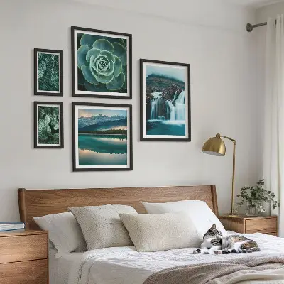 Galeria obrazów na ścianę z motywem zielonych roślin, wodospadów i natury