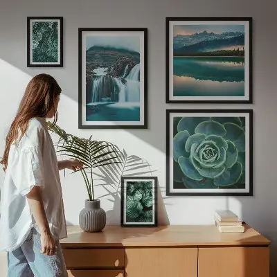 Galeria obrazów na ścianę z motywem zielonych roślin, wodospadów i natury