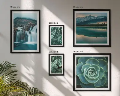 Galeria obrazów na ścianę z motywem zielonych roślin, wodospadów i natury