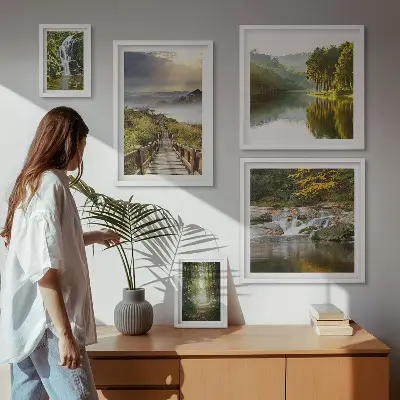 Zestaw obrazów w ramie do galerii ściennej z naturalnymi pejzażami wodospadów i leśnych ścieżek