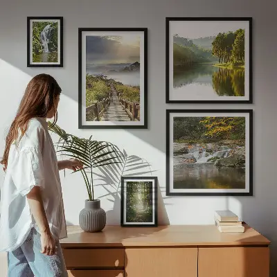 Zestaw obrazów w ramie do galerii ściennej z naturalnymi pejzażami wodospadów i leśnych ścieżek