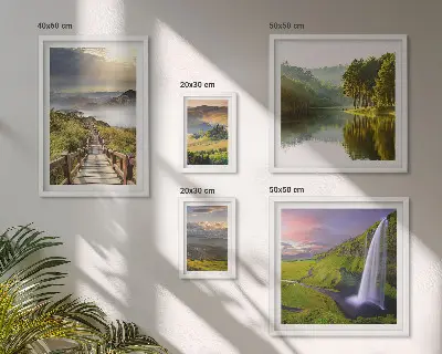 Zestaw obrazów w ramie do galerii ściennej z motywem wodospadów i gór