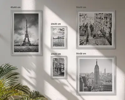 Zestaw obrazów w ramie do galerii ściennej z motywem krajobrazów miejskich i ikon architektury