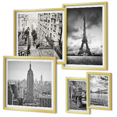 Zestaw obrazów w ramie do galerii ściennej z motywem krajobrazów miejskich i ikon architektury