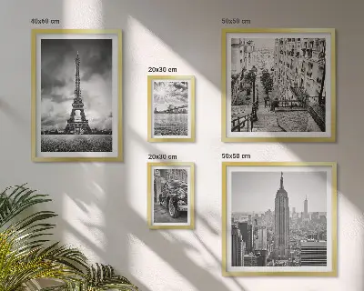 Zestaw obrazów w ramie do galerii ściennej z motywem krajobrazów miejskich i ikon architektury