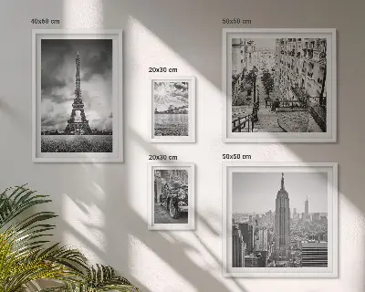 Zestaw obrazów w ramie do galerii ściennej z motywem krajobrazów miejskich i ikon architektury