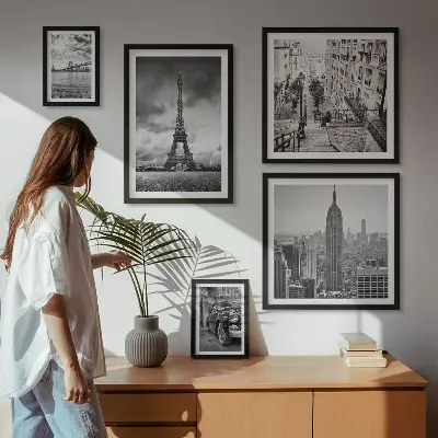 Zestaw obrazów w ramie do galerii ściennej z motywem krajobrazów miejskich i ikon architektury