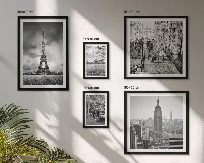 Zestaw obrazów w ramie do galerii ściennej z motywem krajobrazów miejskich i ikon architektury