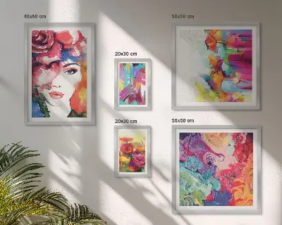 Zestaw obrazów w ramie do galerii ściennej kolorowe abstrakcje i portrety
