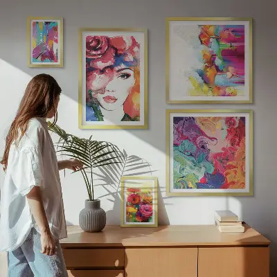 Zestaw obrazów w ramie do galerii ściennej kolorowe abstrakcje i portrety