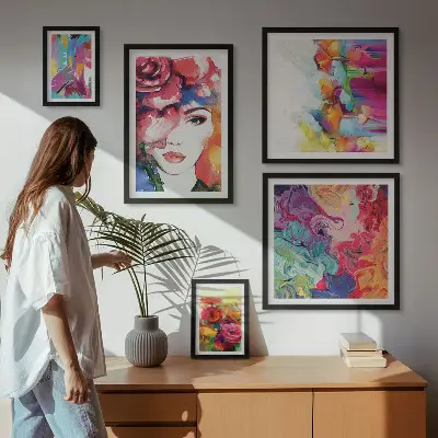 Zestaw obrazów w ramie do galerii ściennej kolorowe abstrakcje i portrety
