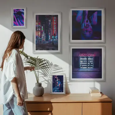 Zestaw obrazów w ramie do galerii ściennej Neonowe nocne widoki miast