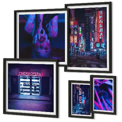 Zestaw obrazów w ramie do galerii ściennej Neonowe nocne widoki miast