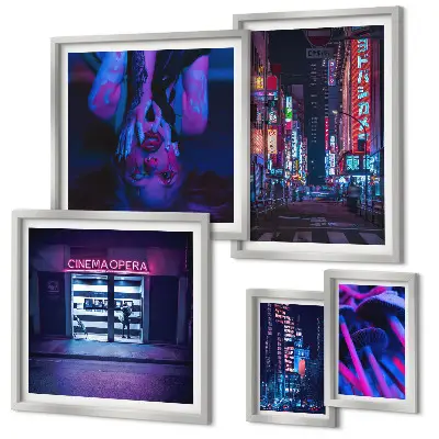 Zestaw obrazów w ramie do galerii ściennej Neonowe nocne widoki miast