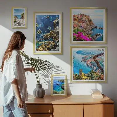 Galeria obrazów na ścianę z motywem nadmorskich krajobrazów, ryb i plaż
