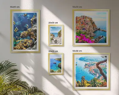 Galeria obrazów na ścianę z motywem nadmorskich krajobrazów, ryb i plaż
