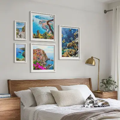 Galeria obrazów na ścianę z motywem nadmorskich krajobrazów, ryb i plaż