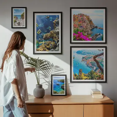 Galeria obrazów na ścianę z motywem nadmorskich krajobrazów, ryb i plaż